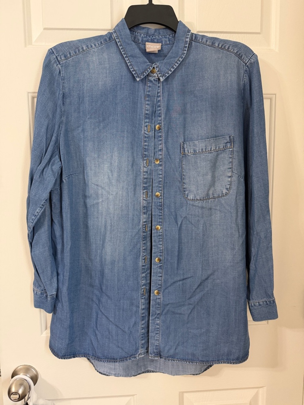 Chico's Denim Long Sleeve Button Up Petite Womens Blouse w/ Chest Pocket
